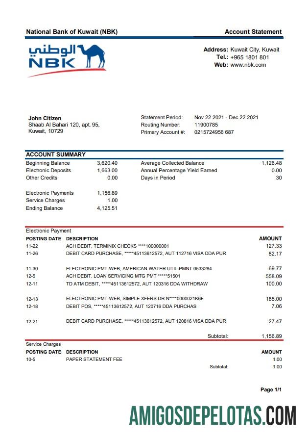 Exemplo do Banco Nacional do Kuwait NBK do Kuwait